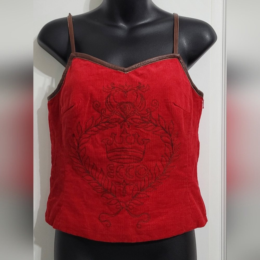 ⭐️  NWOT ECCO Red Corduroy Embroidered Quilted Lining Crop Top  Sz XS/S